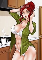 ai_generated ai_jago_dibuja bedhead bra coffee_mug female female_focus female_only flannel glasses glasses_on_head green_eyes hair_up hands_in_hair kitchen large_breasts living_with_hipstergirl_and_gamergirl messy_hair morning one_eye_closed panties partially_clothed partially_clothed_female pinup red_hair sleeves_rolled_up sophie_(living_with_hipstergirl_and_gamergirl) yawn yawning