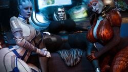 mass_effect bioware asari edi liara_t'soni samara android huge_breasts artist_request 3girls looking_at_viewer voluptuous_body voluptuous clothed_female thick_thighs