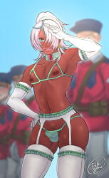 1boy armpits artist_logo background_character background_characters blush blushing blushing_male bulge bulge_through_clothing bulge_under_clothes cap clothed clothed_femboy clothed_male commission commission_art commissioner_upload crossdressing dark-skinned_male dark_skin dark_skinned_femboy eye_covering_bang femboy garter_belt garter_straps green_eyes gundam jewelry laura_rolla lingerie long_gloves loran_cehack military military_cap military_uniform multiple_boys nipples palegloss panties penis penis_in_panties salute sideways_glance silver_hair skindentation soldier standing_at_attention staring staring_at_ass stockings tagme thigh_highs thighhighs turn_a_gundam