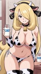 1girls ai_generated animal_ears armsleeves bell bell_collar bikini blonde blonde_hair clothed clothed_female clothing collar cow_bell cow_bikini cow_ears cow_horns cow_print cowprint_bikini creatures_(company) cynthia_(pokemon) female female_only game_freak horns milk nintendo pokemon pokemon_bdsp pokemon_dppt self_upload solo solo_female thighhighs