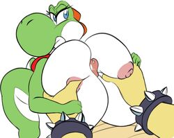 1boy 1girls 2017 annoyed anthro big_breasts blue_eyes bowser breast_grab breast_squeeze breast_squish breasts female female_focus hand_on_breast huge_breasts male mario_(series) nintendo nipples nude paizuri penis precum seii3 seiiartworks sex spikes tongue unseen_male_face video_games yoshi