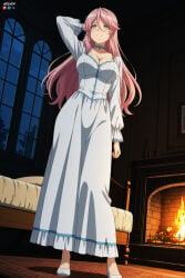 1boy 1girl absurdres adult ai_assisted ai_generated bed bedroom big_breasts blue_eyes breasts choker cleavage dress female fire fireplace flare_arlgrande_jioral full_body hair_between_eyes heeven high_heels highres indoors kaifuku_jutsushi_no_yarinaoshi large_breasts long_hair long_sleeves looking_at_viewer male mature night night_sky patreon patreon_username perfect_body pink_hair sensitive sky smile solo standing star_(sky) starry_sky uncensored watermark white_dress white_footwear window