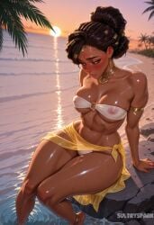 1girl abs ai_generated anklet arcane armlet artist_name barefoot beach bikini blush breasts brown_eyes brown_hair closed_mouth covered_nipples dark-skinned_female dark_skin earrings futarush gold_choker jewelry large_breasts league_of_legends lips looking_down mel_medarda navel nipples o-ring o-ring_bikini o-ring_top outdoors palm_tree patreon patreon_username riot_games sarong see-through shiny_skin sitting skindentation soaking_feet solo strapless strapless_bikini sultryspark sun sunset swimsuit thick_thighs thighs tree very_dark_skin water white_bikini