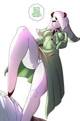 lobovalkiria absurd_res white_background english_text speech_bubble dialogue nintendo pokemon pokemon_(species) generation_3_pokemon gardevoir palworld lunaris_(pal) hybrid fusion_character crossover 1girls 1boy male female female_focus femdom black_sclera red_eyes narrowed_eyes forehead_eye 3_fingers anthro thick_thighs pussy no_panties choker dress sharp_fingernails