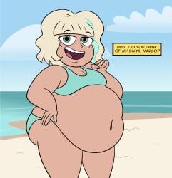 1girls artist_request bbw beach belly big_belly big_belly_girl bikini bikini_bottom bikini_top blonde blonde_female blonde_hair blue_bikini blue_bikini_bottom blue_bikini_top blue_striped_hair bottom_heavy bottom_heavy_female bottomwear disney disney+ disney_channel disney_xd fat fat_female female female_only freckles freckles_on_face green_eyes jackie_lynn_thomas light_blue_bikini navel open_mouth sb99 scobionicle99 sea seaside short_hair sky smiling smiling_at_partner smiling_at_viewer star_vs_the_forces_of_evil swimsuit tan_body tan_skin tanned tanned_female tanned_skin topwear two-tone_hair unknown_artist wide_hips