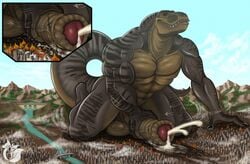 anthro balls cum destruction dinosaur dugan foreskin macro male male_focus masturbation metalfoxt no_humans penis scalie solo theropod tyrannosaurus_rex uncut