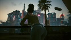 panam_palmer cyberpunk_(series) cyberpunk_2077 cityscape tomboyish skyscrapers flying_car belted_jeans jeans tight_jeans back_view back_view_female mature_female mature_woman beautiful_woman ass_focus ass 1girls female_only female_focus black-haired_female short-haired_female krong text leaning_forward leaning_on_railing unbothered oblivious_sexualization oblivious 3d_(artwork) 3d 3dcg game_cg filtered filter high_quality absurd_resolution absurd_res source_request absurdres high_resolution highres disinterested uninterested uninterested_female