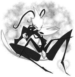 2girls antennae arthropod_girl blush bracelet completely_nude futa_with_female futanari greyscale hand_on_another's_face hollow_eyes hollow_knight hollow_knight:_silksong hornet_(hollow_knight) jewelry monochrome multiple_bracelets multiple_girls nude pussy reverse_upright_straddle sex shakra_(hollow_knight) sugarsukka vaginal