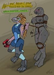 2023 2_toes 3_fingers 3_toes alien anthro arm_feathers arm_tuft avian bdsm beak blush bodily_fluids bondage bound breasts bulge clothed clothed/nude clothed_anthro clothed_male clothing dialogue digitigrade dominant dominant_anthro dominant_male duo english_text exophile feather_hair feathered_crest feathers feet female female_on_anthro fingers genitals gun halo_(series) head_crest hi_res holding_gun holding_object holding_ranged_weapon holding_weapon interspecies kig-yar male male/female mandibles microsoft non-mammal_breasts nude nude_female plasma_pistol pseudo_hair ranged_weapon restrained restrained_arms restraints rope rope_bondage rope_harness sangheili scalie submissive submissive_female sweat sweatdrop t'vaoan text toes tuft vulva weapon xbox_game_studios