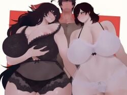 anos_voldigoad black_hair chubby_female demon implied_sex lacy_bra lacy_panties lingerie maou_gakuin_no_futekigousha nachocobana raven_branwen red_eyes rwby serious_face serious_look silver_eyes smirk summer_rose teasing thick_ass thick_hips thick_legs thick_thighs