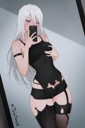 1girls ai_generated blush breasts clothing female female_only holding_breast juicepiggy16 light-skinned_female light_skin long_hair nier nier:_automata phone solo white_hair yorha_a2