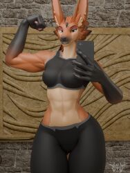 absurd_res anthro athena_(leodamodeler) canid canine clothed clothing electronics female flexing flexing_bicep hi_res mammal maned_wolf nipples outline phone phrostbite selfie solo