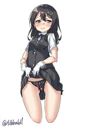 bangs bar_censor black_eyes black_hair black_panties black_skirt black_vest blue_ribbon blush buttons censored closed_mouth collared_shirt cowboy_shot cropped_legs crotchless_panties ebifurya eyebrows_visible_through_hair female gloves gluteal_fold groin hair_between_eyes hair_ornament hairclip highres kantai_collection lifted_by_self long_hair looking_at_viewer neck_ribbon oyashio_(kantai_collection) panties pleated_skirt pubic_hair pussy pussy_juice ribbon shirt short_sleeves sidelocks simple_background skirt skirt_lift sleeveless solo tears twitter_username underwear vest white_background white_gloves white_shirt