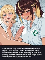 2girls admiral_m blonde_hair brown_hair cfnm clothed_female_nude_male enm erection exhibitionism giggling hands_behind_head humiliation laughing_at male_sub measuring measuring_penis measuring_tape medical_examination naked_male nude_male only_one_naked penis penis_measuring public_humiliation public_nudity stripped summer_camp tan_skin tape_measure white_shirt