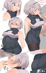 arknights b45ui blushing boobs bulging_belly chubby_cheeks comic eating greythroat_(arknights) nimo nimo22 stuffed_belly stuffing thin_to_fat weight_gain