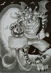 2016 ambient_bat anthro bone bottomwear claws clothed clothing dated fangs felid food front_view fruit gore hi_res holding_knife holding_object hufnaar hufnaar_(character) knife long_tongue male male_anthro mammal monochrome open_mouth pantherine plant pumpkin rib_cage shorts skull solo standing teeth tiger toe_claws tongue tongue_out torn_bottomwear torn_clothing torn_shorts