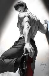 1boy abs artist_signature ass back belt biceps black_and_white black_hair cheng chngchngzi86181 hand_on_wall jujutsu_kaisen looking_at_viewer looking_back looking_back_at_viewer looking_down looking_down_at_viewer male male_only muscles muscular_male nipples open_mouth pants pecs shirtless shirtless_male shoe_soles shoes shoulders socks solo sparkles sweatdrop sweaty toji_fushiguro