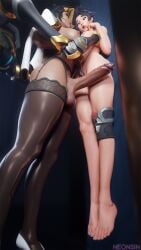 1female 1futa 3d almost_naked anran big_penis blender brown_body dark-skinned_futa domina futa_with_female futanari looking_down neonsin overwatch pinned pinned_to_wall sweat testicles