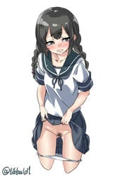 ass_visible_through_thighs bangs black_eyes black_hair blue_skirt blush bow braid collarbone cowboy_shot cropped_legs ebifurya eyebrows_visible_through_hair female groin hairbow highres isonami_(kantai_collection) kantai_collection lifted_by_self long_hair looking_away looking_to_the_side open_mouth panties panty_pull pink_bow pleated_skirt pubic_hair pussy_juice school_uniform serafuku short_sleeves simple_background skirt skirt_lift solo tears twin_braids twitter_username underwear white_background white_panties