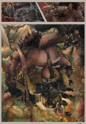 absurd_res anal anthro anubian_jackal anus artjackal backsack ball_tuft balls big_penis bodily_fluids breath butt canid canine canis claws comic cum cum_inside demon erection fur gala_(artjackal) genital_fluids genitals group growling hair hi_res horn hybrid hyena internal jackal jewelry knot knotting male male/male male_penetrating mammal muscular mythological_creature mythology pawpads penetration penis piercing pump spotted_hyena tail text tongue trio tuft