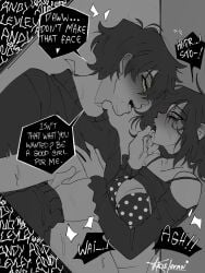 1boy 1girls 2d andrew_graves ashley_graves black_hair blush bra breasts brother_and_sister choker dialogue english_text eye_contact female finger_in_mouth green_eyes incest krisleean looking_at_another male maledom pink_eyes polka_dot polka_dot_bra rape saliva sex shirt_lift siblings straight the_coffin_of_andy_and_leyley tongue tongue_out