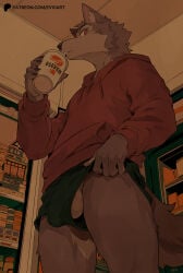 anthro athletic_wear balls bottomwear bulge canid canine canis claws clothed clothing convenience_store drinking drinking_straw evvi finger_claws flaccid flashing fluffy fluffy_tail fur genitals grey_body grey_fur gym_bottomwear gym_shorts hoodie inner_ear_fluff looking_at_viewer low-angle_view male mammal muscular muscular_legs muscular_thighs no_underwear penis public public_exposure red_eyes shorts solo standing tail topwear tuft wolf worm's-eye_view