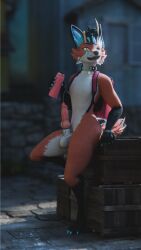 3d_(artwork) absurd_res anthro antlers backpack bodily_fluids bottle box collar container crate digital_media_(artwork) erection genital_fluids genitals hi_res horn knot knotted_penis lagomorph leaning_on_object licking licking_lips looking_away male mammal nude outside penis precum public public_nudity sany_van_fox sanythefox solo tongue tongue_out water_bottle wings wolpertinger