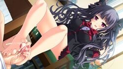 barefoot blush breasts chair cum ejaculation feet female footjob hairbow imouto_paradise large_breasts long_hair looking_at_viewer parted_lips pov red_eyes sitting toes twintails uncensored