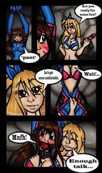 2girls arms_up ball_gag blonde_hair blush bondage bound breasts brown_hair comic crossover d.va dialogue fairy_tail female female_only femdom femsub gag gagged gagged_speech headphones lucy_heartfilia multiple_girls overwatch red_ball_gag ribbon sex_toy speech_bubble tilly-monster vibrator yuri