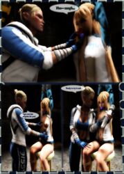 2girls 3d angry arms_up ball_gag blakknight08 blonde_hair bondage bound cassie_cage comic crossover dead_or_alive dialogue female femdom femsub fully_clothed gagged gagged_speech hitachi_magic_wand kidnapped legs marie_rose mortal_kombat mortal_kombat_x nipples panties panties_in_mouth panty_gag rope speech_bubble stool track_jacket vibrator yuri