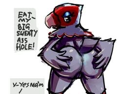 2018 amelia_(animal_crossing) animal_crossing anthro anus ass avian beak big_butt boiful dialogue digital_media_(artwork) english_text feathers female furry furry_only looking_at_viewer looking_back nintendo nude presenting presenting_anus presenting_hindquarters presenting_pussy pussy simple_background solo text video_games