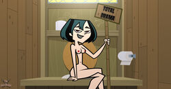 1girls breasts edit green_hair gwen_(tdi) looking_at_viewer outhouse sitting the_glassknight toilet toilet_paper total_drama_island