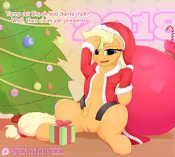 applejack_(mlp) augustbebel belt candy candy_cane christmas christmas_tree dialogue earth_pony english_text equine female food friendship_is_magic gift hair hair_on_head hat holidays horse inside looking_at_viewer mammal my_little_pony non-anthro open_mouth patreon pony pussy santa_hat solo sweat text tree