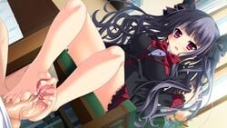 barefoot blush breasts chair feet female footjob hairbow imouto_paradise large_breasts long_hair looking_at_viewer parted_lips pov red_eyes sitting toes twintails uncensored