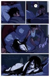 black_hair closed_eyes comic duo english_text female hair hellmouth_imp human imp long_hair male mercury_(artist) morbi pale_skin sleeping straight