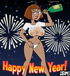 1girls 2018 breasts danny_phantom female female_only looking_at_viewer madeline_fenton new_year pointy_chin solo thong tsmdraws wet_shirt wine_bottle