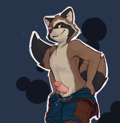 2018 anthro balls clothed clothing erection guardians_of_the_galaxy humanoid_penis looking_at_viewer male male_only mammal marvel pants partially_clothed penis precum procyonid raccoon rocket_raccoon solo standing tash0 topless