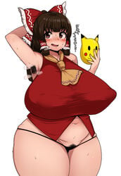 arm_up armpit_hair armpits arms_behind_head black_hair blush bow breasts brown_eyes chubby cookie_(touhou) curvy fat female hairbow highres huge_breasts kanna_(cookie) long_hair looking_at_viewer navel oozon_(ozon) open_mouth panties plump pubic_hair reimu_hakurei slightly_chubby solo sweat thick_thighs thighs touhou underwear wide_hips