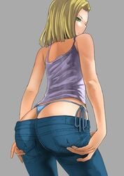 android_18 ass ass_cleavage ass_grab butt_crack dragon_ball dragon_ball_gt dragon_ball_super dragon_ball_z female female_only jean_shorts jeans looking_back lowrise_jeans solo tank_top thong whale_tail