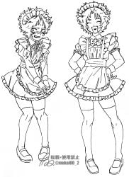 alternate_costume apron blush crossdressing embarrassed femboy full_body fully_clothed gintama hands_on_hips line_art looking_at_viewer maid maid_headdress maid_uniform male male_only monochrome mukai00_2 nervous nervous_smile sakamoto_tatsuma sketch sketch_page smile solo standing sweat sweatdrop thighhighs