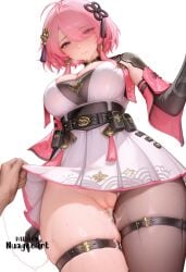 1boy 1girl ahoge ai_generated antenna_hair artist_name bangs belt black_gloves blush breasts cleavage closed_mouth clothes_lift cum cum_in_pussy cum_on_body cumdrip dress dress_lift elbow_gloves explicit eyes_visible_through_hair gloves hair_ornament hair_over_one_eye hetero large_breasts looking_at_viewer no_panties nuageeart pantyhose pink_eyes pink_hair purple_eyes pussy short_hair simple_background skindentation skirt_lift solo_focus sweat taoqi_(wuthering_waves) tassel thigh_strap thighs white_background white_dress wuthering_waves