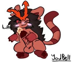 ( burning_spice_cookie tiger_ears tiger_tail tiger_boy cookie_run_kingdom cumming jerkingoff blushing_male 1boy solo_male dick :3 paws one_eye_closed spread_legs only_male blank_background watermark claws)