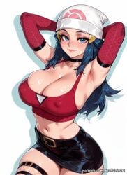 1girl 2026 ai_generated alternate_breast_size anime armpits arms_behind_head arms_up beanie belt black_choker black_skirt blue_eyes blue_hair blush boobs breasts choker cleavage closed_mouth collarbone covered_nipples cowboy_shot crossover dawn_(pokemon) elbow_gloves eye_contact female female_focus fishnet_thighhighs fishnets flushed gloves hair_accessory hair_ornament handwear hat highres huge_breasts large_breasts lips long_hair looking_at_viewer midriff miniskirt navel neutral_expression nintendo nsfw patreon patreon_username rognezart simple_background skindentation skirt smile smiling solo thighhighs very_long_hair white_background