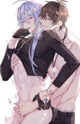 2boys abs ahoge arched_back ass black_gloves black_pants black_shirt blue_eyes blue_gem blue_hair blush bottomless brown_eyes brown_hair clothes_lift commentary_request cowboy_shot crystal_necklace edmond_(nu_carnival) eiden_(nu_carnival) gay gem glint gloves grin groin hair_between_eyes hair_over_shoulder half-closed_eyes half_gloves hand_on_own_chin handjob head_on_another's_shoulder head_rest heavy_breathing high_collar highres holding_another's_wrist kkusako long_hair long_sleeves looking_at_another low_ponytail male_focus male_underwear motion_lines multiple_boys navel nipple_stimulation nu_carnival pants ponytail precum reach-around saliva shirt shirt_lift simple_background smile sweat tearing_up toned toned_male topless_male trembling twitter_username underwear white_background white_male_underwear yaoi