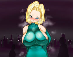 1girls android_18 areola_slip areolae basara blonde_hair blue_eyes breasts dragon_ball erect_nipples erect_nipples_under_clothes female female_only huge_breasts nipple_bulge short_hair shounen_jump sideboob solo solo_female