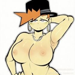 tze_(roblox) roblox roblox_developer breasts boobs boobies gazongas tits nipples big_breasts big_boobies white_skin earrings ear_piercing necklace pearl_necklace ai_generated ai_art ai_assisted artist_request arms_up armpits frown top_hat belly belly_button orange_hair arm_behind_head huge_breasts curvy voluptuous_female 1girls 1girl 1female blush green_blush droopy_eyes wide_hips mature_female milf mommy nude naked naked_female nude_female solo_focus solo solo_female genderswap_(mtf) rule_63 spiky_hair white_background no_background basic_background