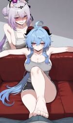 2girls 2girls1boy ai_generated apron apron_only bulge bulge_through_clothing bun_hair castorice_(honkai:_star_rail) dolphin_shorts foot_fetish ganyu_(genshin_impact) genshin_impact honkai:_star_rail impacter milf milfs pov pov_crotch pov_male sideboob smirk smirking smirking_at_viewer tank_top