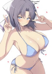 1girl bikini blue_bikini blue_eyes bow breasts chimunge cleavage closed_mouth commentary_request double_v grey_hair hair_bow heart large_breasts light_blush looking_at_viewer medium_hair navel senran_kagura signature smile solo striped_bow swimsuit twitter_username v white_bow yumi_(senran_kagura)
