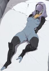 1girls ai_generated alien alien_girl areolae bed big_breasts bioware blue_body blue_skin breasts female female_only helmet helmet_with_visor hood hood_up mass_effect nipples on_bed quarian solo solo_female tagme tali'zorah_nar_rayya visor