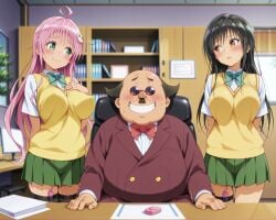 2girls ai_generated glasses green_eyes grin hair_ornament indoors kotegawa_yui lala_satalin_deviluke long_hair looking_at_another looking_at_viewer mustache netorare notreallyhere ntr office_chair parted_lips pink_hair pleated_skirt principal_(to_love-ru) pussy remote_control_vibrator short_sleeves sitting standing suit sunglasses sweat thigh_strap thighhighs to_love-ru vibrator_under_clothes yellow_eyes yellow_sweater_vest